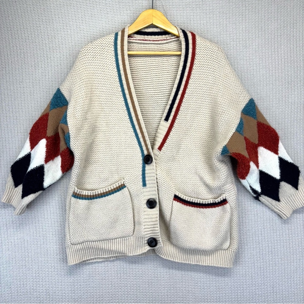 Vtg Handmade Wool Knit Cardigan Sweater Women Med Multi-Color Argyle Preppy 70’s